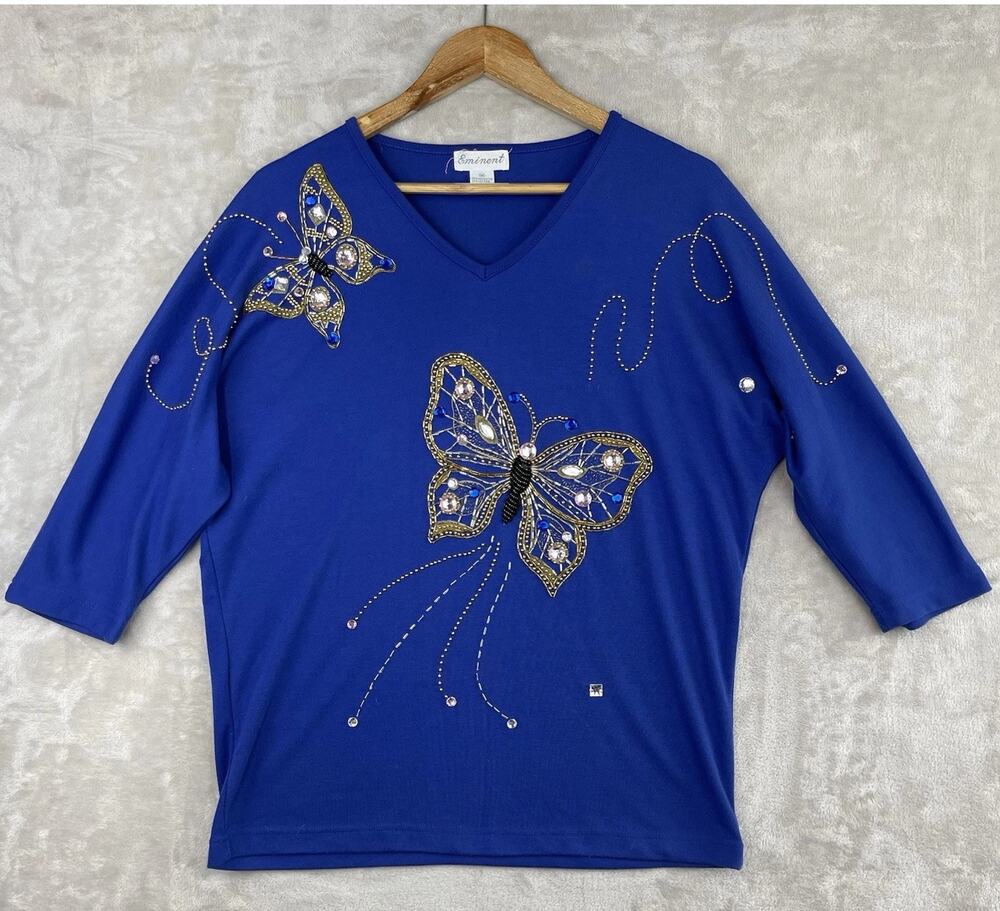 Eminent Vintage 80s Sweater Women's Medium Beaded Butterfly Royal Blue Willow